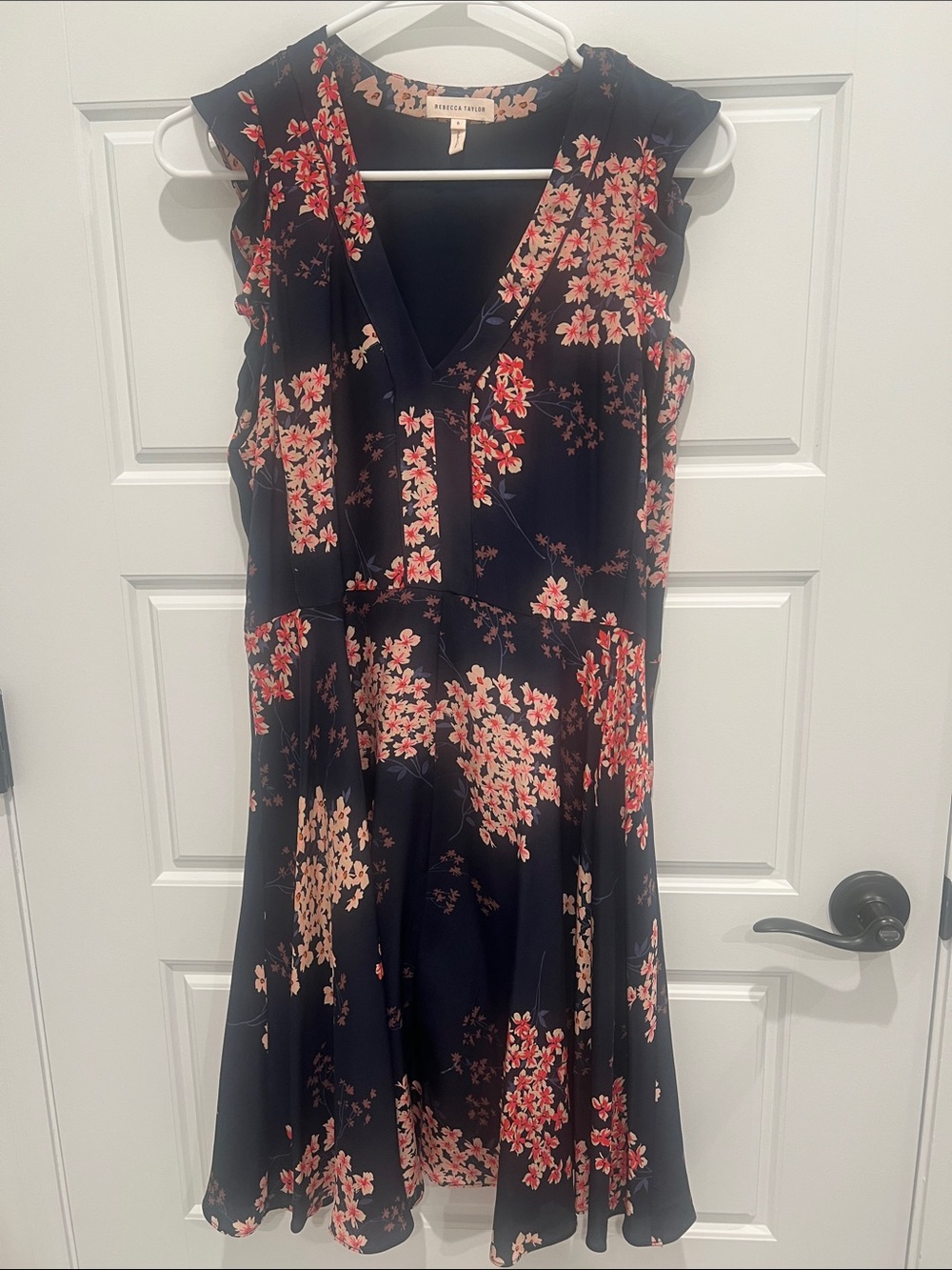 Rebecca Taylor Navy Floral V-Neck silk Midi Dress